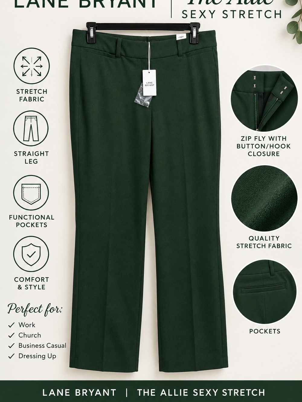 Lane Bryant Forest Green Straight-Leg Stretch Trousers